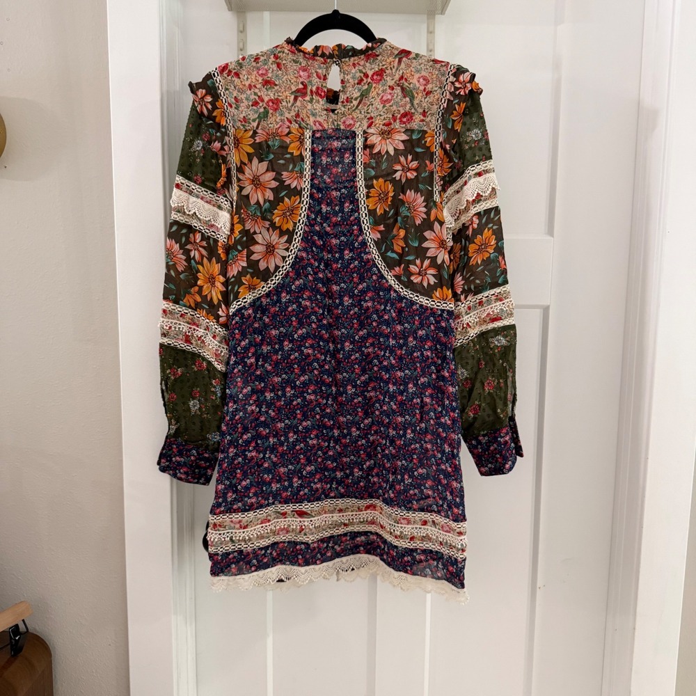 Farm Rio Mixed Liberty Floral Mini Dress S Crochet Lace Ruffle Boho Cottagecore - Picture 6 of 7